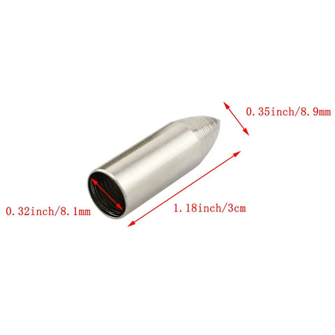 12 Pack 100 Grain Stainless Steel Pro Grade Field Tips For 8mm Arrows Glue On Target Arrow Points close-up with measurements