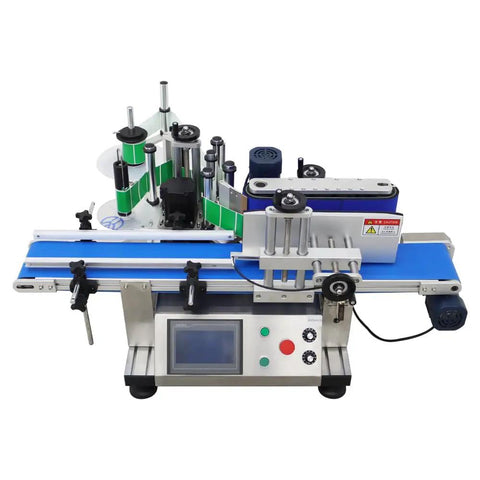 Kickstart Your Production With This High Speed Automatic Round Bottle Labeling Machine featuring a blue adjustable conveyor.
