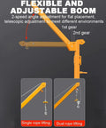 Mobile Indoor And Outdoor Electric Hoist On Sturdy Wheels, Adjustable Boom Engine Crane shows 2-speed angle adjustments for lifting.