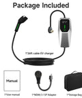 Portable 26ft EV Charger Cable With NEMA 14-50 And 5-15 Plugs, includes charger, NEMA adapter, manual, and storage bag