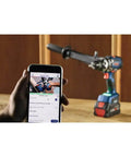Professional 18V Brushless Hammer Drill Driver Kit With 8 Ah Battery Pack And 1330 Inch Pound Torque shown with smartphone app controls.