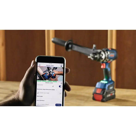 Professional 18V Brushless Hammer Drill Driver Kit With 8 Ah Battery Pack And 1330 Inch Pound Torque shown with smartphone app controls.
