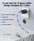 Rechargeable LED Bike Wheel Lights 2 Pack With Motion Sensor showing charging cable and features with plug in wall socket