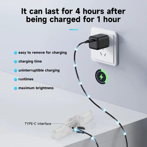 Rechargeable LED Bike Wheel Lights 2 Pack With Motion Sensor showing charging cable and features with plug in wall socket