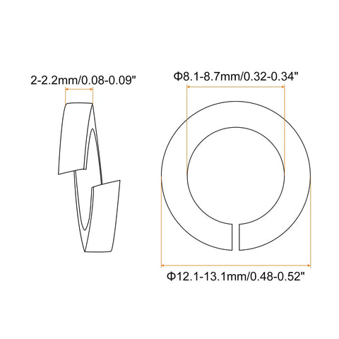 Technical diagram of Copper Split Lock Washers M8 10 Pack Spring Lock Washer Assortment with dimensions and side view.