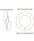 Diagram of 20 Pack Copper Spring Lock Washers M8 Split Lock Washers for Screws, showing dimensions and split design.