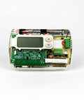 Open view of non-programmable thermostat for single-stage heating systems with heat pump, showing internal components and large display.
