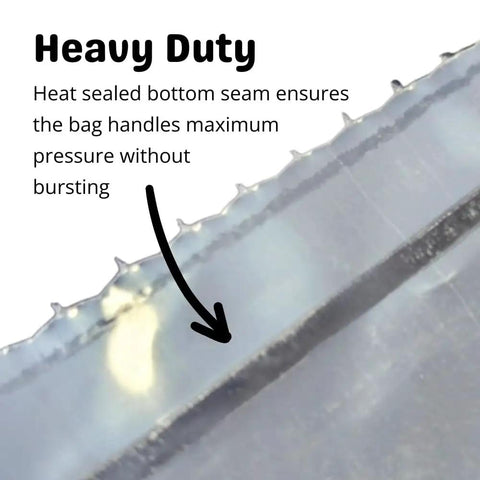 Close-up of sealed seam on heavy duty clear dust collector bag for Shop Fox W1685 W1666 W1687, fits D4573, 5 mil plastic, USA-made