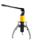 Heavy Duty Hydraulic Gear Puller Kit With Two Or Three Swivel Jaws For Knocking Loose Rusted Sprockets Rotors And Wheel Bearings Delivering Massive Beast Mode Pulling Power, featuring yellow pump and silver jaws.