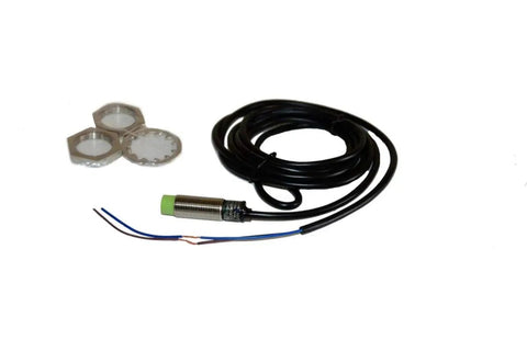 Beefy Inductive Proximity Sensor With 4 mm Sensing Distance Cable Type Cylindrical M12 Thread Normally Open PR Series PRT12 4DO 10 to 30 VDC 3 Wire PRDA Standard Body cable sensor with M12 thread, wires, and nuts