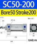 Diagram of Double Acting Aluminum Pneumatic Air Cylinder 2 Inch Bore 8 Inch Stroke For Industrial Automation SC50X200 PT1/4 Thread