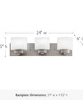 Vanity Light With Frosted Glass Shades In Satin Nickel Finish, Dimmable 3 Light Bathroom Fixture, 24 Inch Length, backplate view