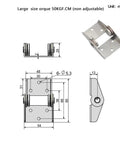 High-torque damping hinge with metal mounting plate; non-adjustable 5.0 N·m, shown in front and side views.