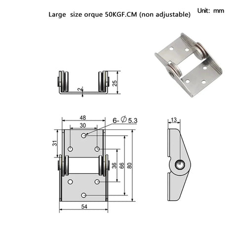 High-torque damping hinge with metal mounting plate; non-adjustable 5.0 N·m, shown in front and side views.