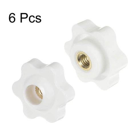 Two Six Pack Star Knobs M5 Female Thread 25mm 6 Point Plastic Head Brass Insert Through Hole Screw In Hand Knobs Clamping Handles White For DIY Projects Machinery CNC Workshop Use, white plastic with brass insert, six pieces.