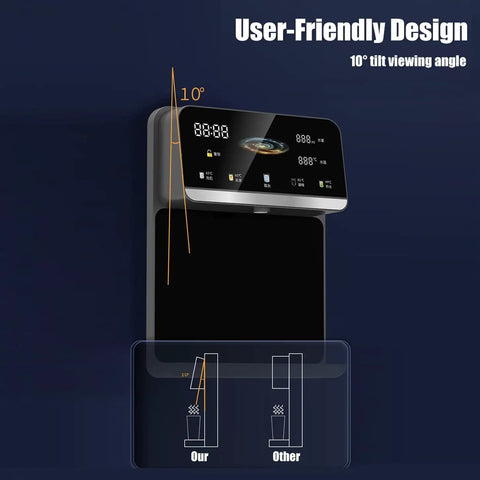 Wall Mounted Mains Fed Water Dispenser 2200W Office Water Cooler with 10-degree tilt touch screen showing temperature control features.