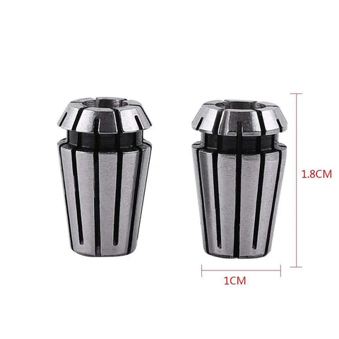 Two pieces from the 15 Piece ER11 Collet Set for CNC Milling and Engraving Spring Steel Workholding Chuck, size dimensions shown.