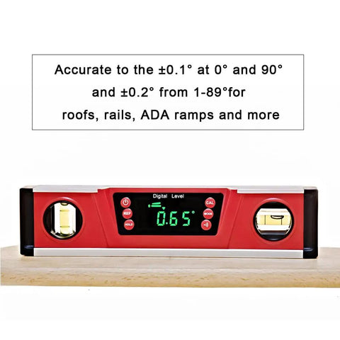 10-Inch Digital Torpedo Level With Protractor, Magnetic Base With Neodymium Magnets, Bright LED Readout on display, on wooden surface