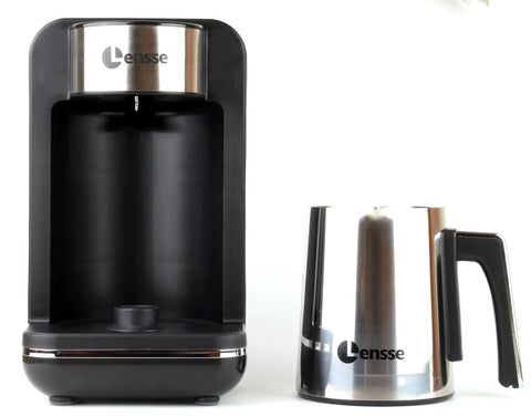 Turkish Coffee Maker for 1 to 4 Cups Delivers Consistent Taste and Rich Foam for Delicious Turkish and Greek Coffee, shown in silver and black.
