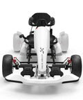Front view of a white hoverboard to go kart conversion kit with shock absorbers and disc brakes for kids and adults.