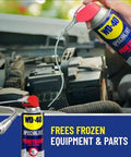 Penetrant With 8 Inch EZ Reach Flexible Straw Pulls Rusted Nuts Loose and Frees Stuck Bolts, shown used on car engine parts.