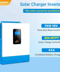 All In One 5000W 48V Hybrid Solar Inverter With 80A MPPT Solar Charger And 40A AC Battery Charger Pure Sine Wave For Off Grid Homes And RVs No Parallel shown with specifications