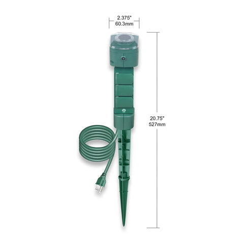 Heavy Duty Outdoor Power Stake With Three Grounded Outlets And Smooth Twist Socket Cover Featuring Dusk Till Dawn Photocell Timer No Sweat Setup All Weather Shielding For Yard Christmas Lights, green stake with cord and dimensions.