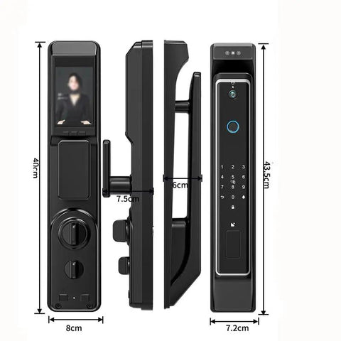 Heavy Duty Smart Door Lock With Fingerprint Scanner And Video Intercom Visual Monitor side view with dimensions displayed.