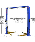 Pro Shop Workhorse Two Post Vehicle Overhead Lift showing adjustable heights and asymmetrical configuration for heavy duty use.