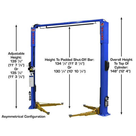 Pro Shop Workhorse Two Post Vehicle Overhead Lift showing adjustable heights and asymmetrical configuration for heavy duty use.