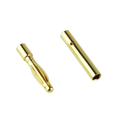 Gold Plated 2.0mm Bullet Banana Connectors Set, 30 Pairs, showing one male and one female connector for RC projects