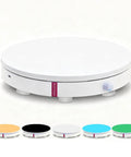 360 Electric Turntable Rotating Display Stand With Knob Control USB Power Base For Jewelry Shoes And Glitter Cups Shooting White 16 inch, showing motorized white base.