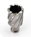 Close-up of annular cutter with Weldon shank, 3/4 in diameter, 1 in depth, silver steel with spiral flutes.