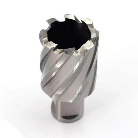 Close-up of annular cutter with Weldon shank, 3/4 in diameter, 1 in depth, silver steel with spiral flutes.