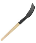 Bark Debarking Tool For Logs With Beveled Blade, featuring a long wooden handle and curved metal blade, for woodworking projects.