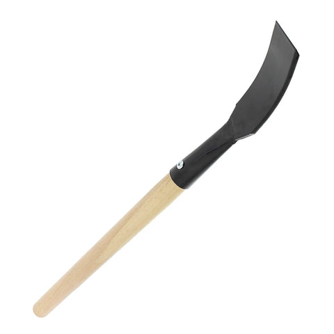 Bark Debarking Tool For Logs With Beveled Blade, featuring a long wooden handle and curved metal blade, for woodworking projects.