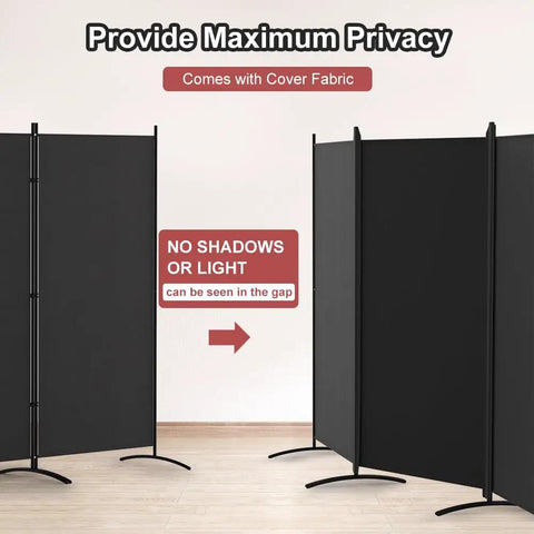 4 Panel Room Divider Privacy Screen Folding 6Ft Tall Freestanding Portable Wall Divider For Room Separation Includes Cover Strips Black 136W X 71H Durable Finish displayed in a room with text highlighting privacy features.