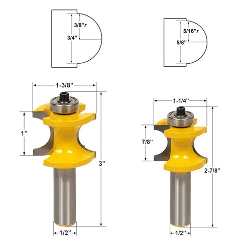 Five Pack One Half Inch Shank Bullnose Router Bit Set with Carbide Tipped Half Round Edge Bits, various sizes and measurements shown