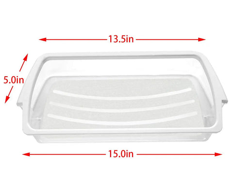 Two Pack Whirlpool Refrigerator Door Bin Replacement W10321304 with white top rim, dimensions shown, clear plastic shelf.