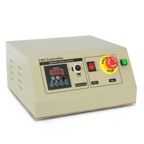 CNC controller panel from USB 4 Axis CNC Router Kit 6090 With Mach Control Plus showing emergency stop button and controls