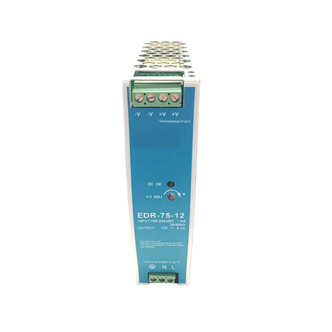 Din Rail Industrial Switching Mode Power Supply 75W 12V 24V DC For CNC Machines CCTV Systems And LED Lighting SMPS Power Supply 24V Ready With Wide Input Range Rugged Industrial Grade Design For Reliable Control And Automation front view