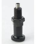 Boss Level Self Locking Indexing Plunger M10 Through M16 With Rugged Aluminum Knob, showing black matte finish and threaded design.