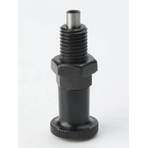 Boss Level Self Locking Indexing Plunger M10 Through M16 With Rugged Aluminum Knob, showing black matte finish and threaded design.
