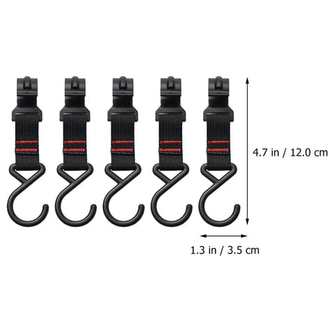 Five black S-shaped hooks from 10 Pack Outdoor Camping Hook Hanger Set Portable Compact Size Clothes Storage Holder Lightweight Sturdy Hooks.