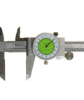 6 Inch Dial Caliper with dual fractional and decimal inch scales, stainless steel body, fine adjustment thumb wheel, pro grade precision