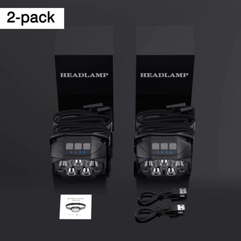 Rechargeable Headlamp 2 Pack Ultra Bright 1200 Lumen LED Waterproof Motion Sensor with USB cables and packaging