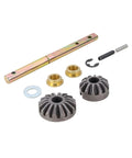 Components of Power Landing Gear Repair Kit for 5th Wheel RV Lead Leg Replacement, showing metal gears and fittings.