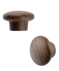 Solid Walnut Wood Cabinet Knob Set 12 Pack Round Mushroom Drawer Pulls With Smooth Wax Finish, side and top view.