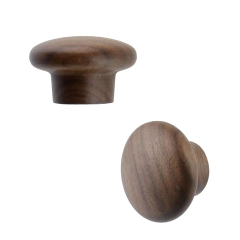 Solid Walnut Wood Cabinet Knob Set 12 Pack Round Mushroom Drawer Pulls With Smooth Wax Finish, side and top view.