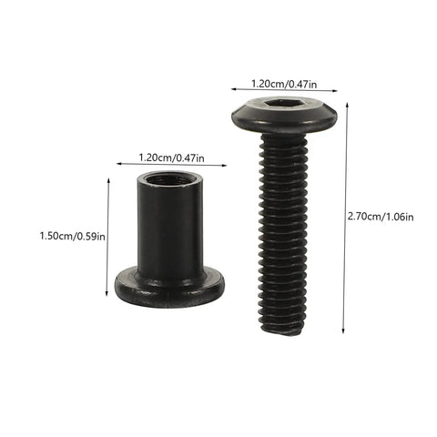 Set Of Five Heavy Duty Binding Screws And Countersunk Cap Nuts For Furniture Hardware And Leather Craft Projects shown, black stainless steel.